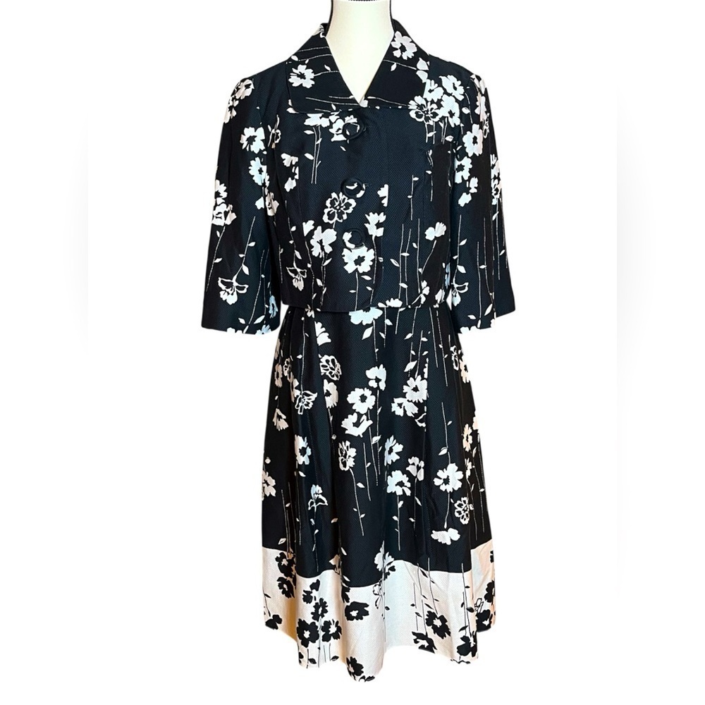 Talbots 2 Piece Fit & Flare Dress Blazer Jacket B&W Floral Petite Women Size 12P